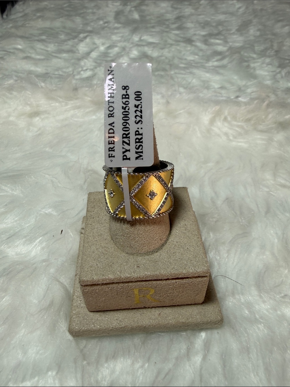 Freida Rothman Gold-Tone Diamond Pattern Wide Band Ring